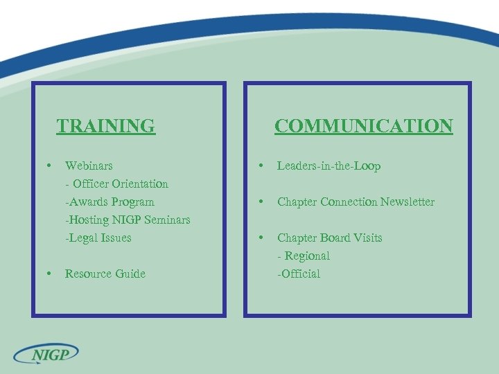  TRAINING • • Webinars - Officer Orientation -Awards Program -Hosting NIGP Seminars -Legal