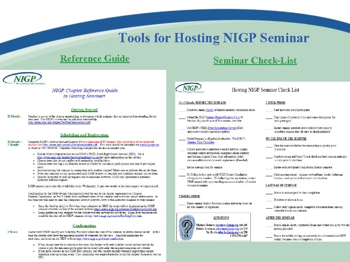 Tools for Hosting NIGP Seminar Reference Guide Seminar Check-List 