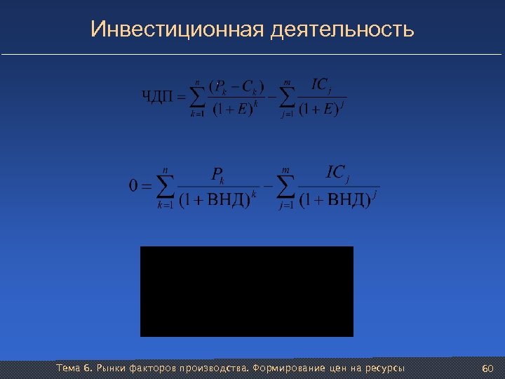 Инвестиционная деятельность Тема 6. Рынки факторов производства. Формирование цен на ресурсы 60 