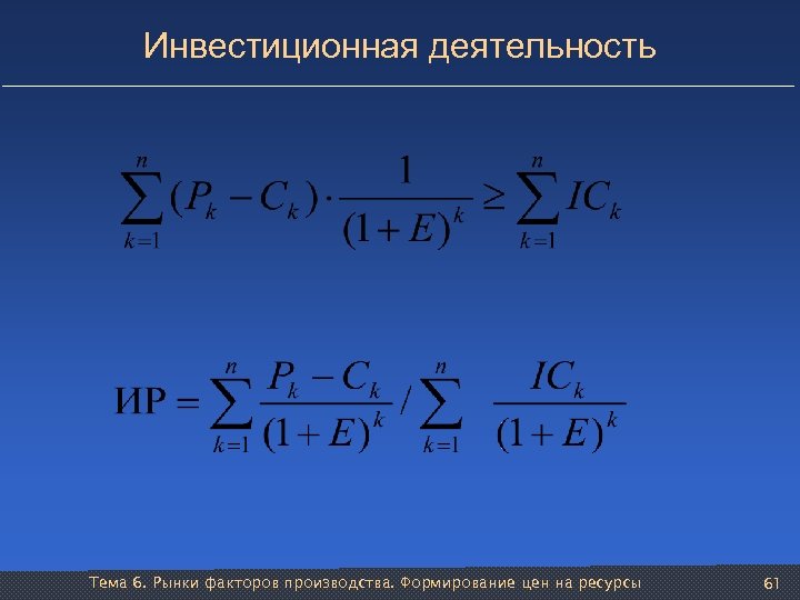 Инвестиционная деятельность Тема 6. Рынки факторов производства. Формирование цен на ресурсы 61 