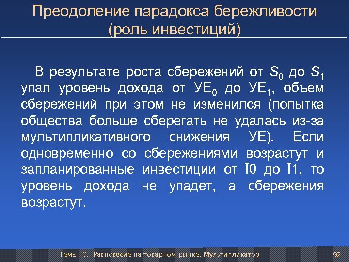 Преодоление парадокса бережливости (роль инвестиций) В результате роста сбережений от S 0 до S