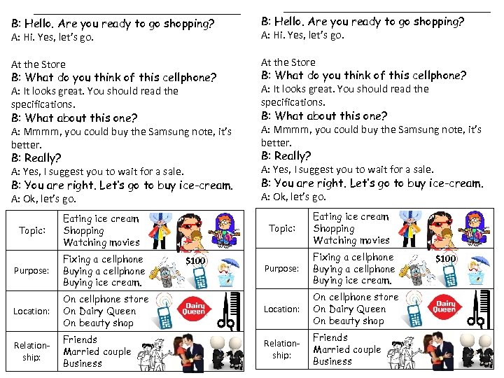 B: Hello. Are you ready to go shopping? A: Hi. Yes, let’s go. At