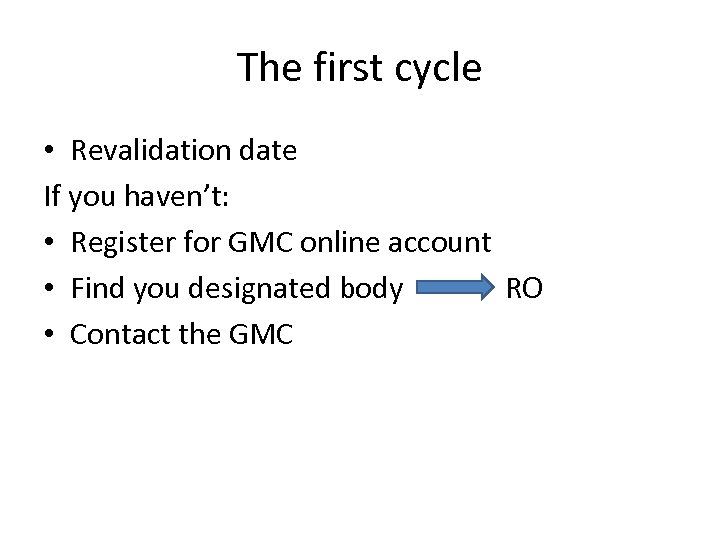 The first cycle • Revalidation date If you haven’t: • Register for GMC online