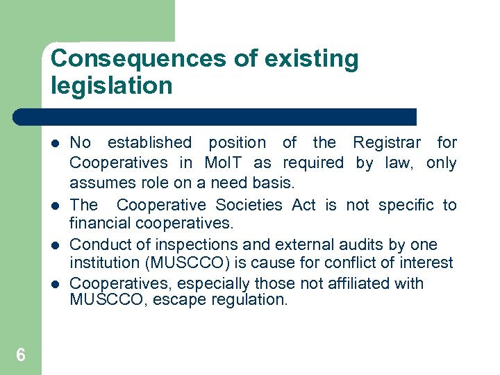 Consequences of existing legislation l l 6 No established position of the Registrar for