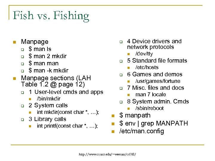 Fish vs. Fishing n Manpage q q n q $ man ls $ man