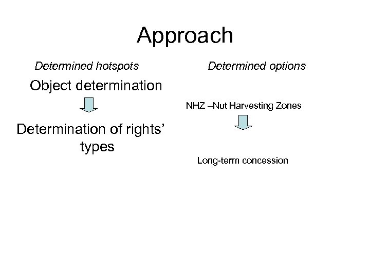 Approach Determined hotspots Determined options Object determination NHZ –Nut Harvesting Zones Determination of rights’