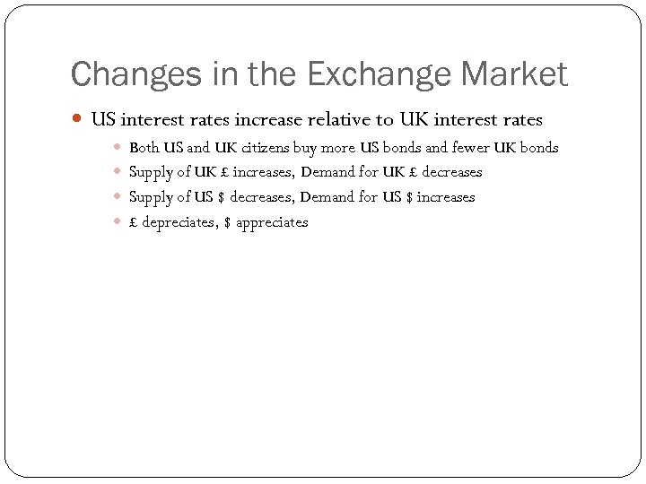 Changes in the Exchange Market US interest rates increase relative to UK interest rates