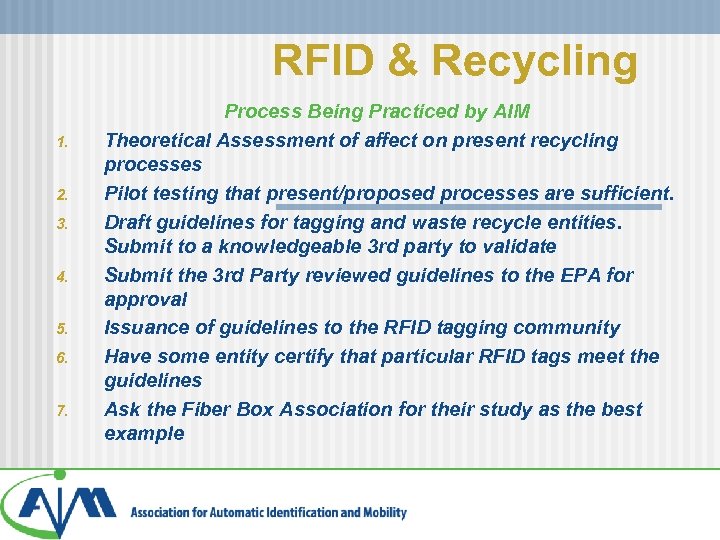 RFID & Recycling 1. 2. 3. 4. 5. 6. 7. Process Being Practiced by