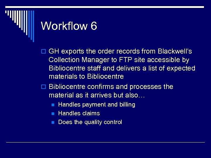 Workflow 6 o GH exports the order records from Blackwell’s Collection Manager to FTP