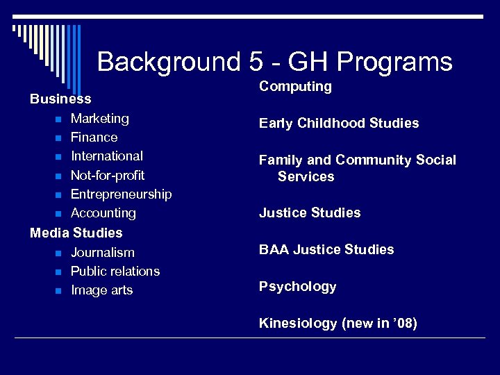 Background 5 - GH Programs Business n n n Marketing Finance International Not-for-profit Entrepreneurship