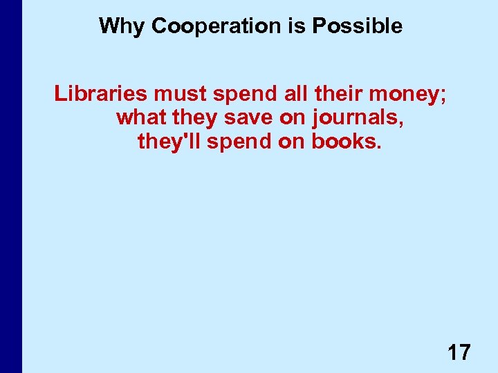 Why Cooperation is Possible Libraries must spend all their money; what they save on