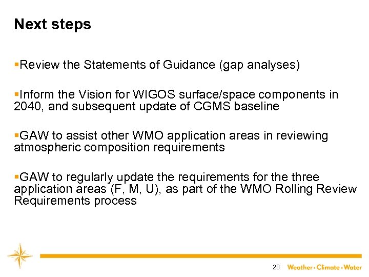Next steps §Review the Statements of Guidance (gap analyses) §Inform the Vision for WIGOS