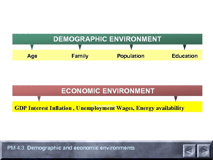 DEMOGRAPHIC ENVIRONMENT Age Family Population Education ECONOMIC ENVIRONMENT Economic GDP Interest Inflation , Unemployment