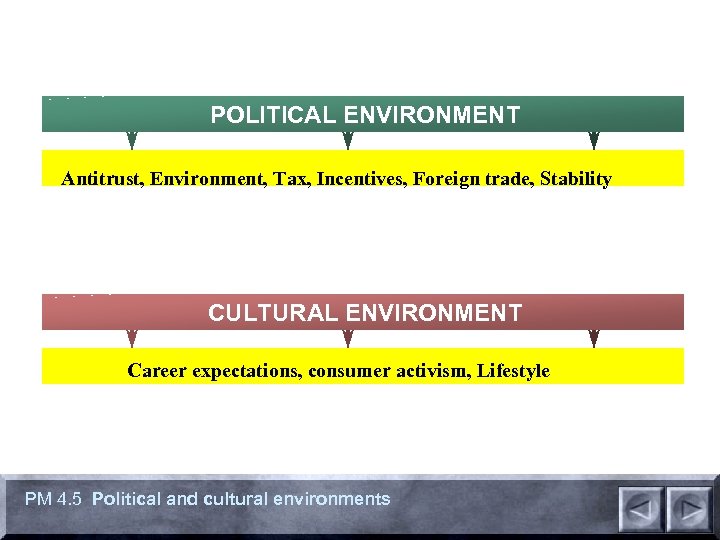 POLITICAL ENVIRONMENT Antitrust, Environment, Tax, Incentives, Foreign trade, Stability CULTURAL ENVIRONMENT Career expectations, consumer