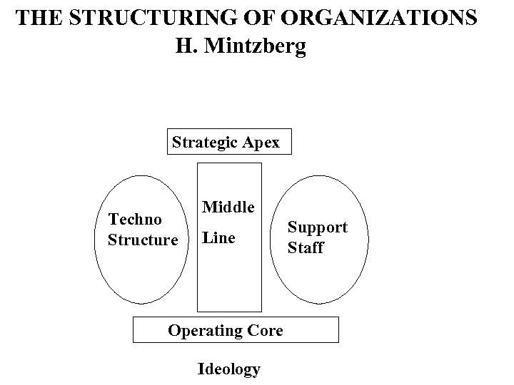 THE STRUCTURING OF ORGANIZATIONS H. Mintzberg Strategic Apex Techno Structure Middle Line Operating Core