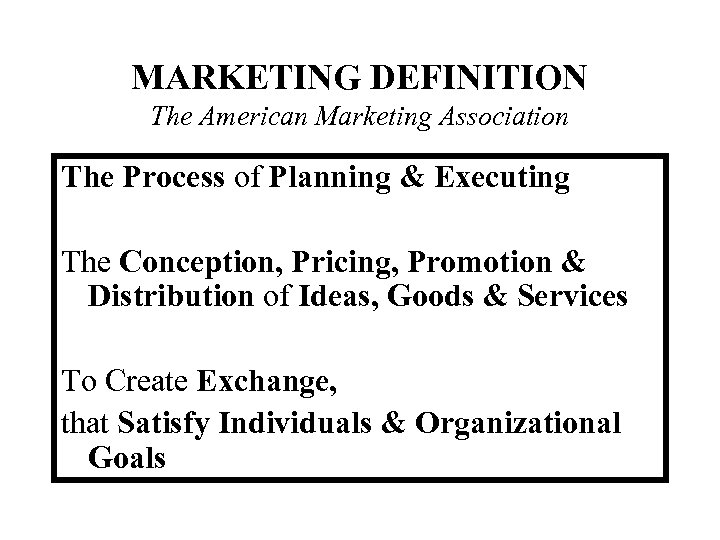 MARKETING DEFINITION The American Marketing Association The Process of Planning & Executing The Conception,