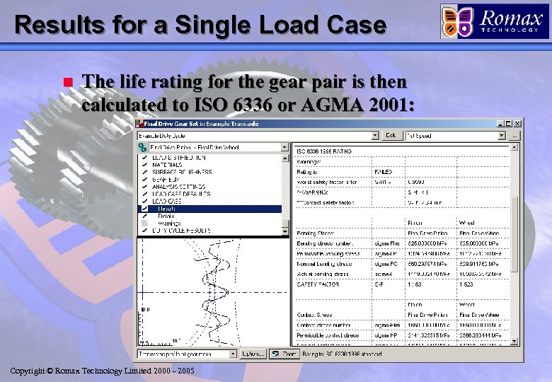 Results for a Single Load Case n The life rating for the gear pair