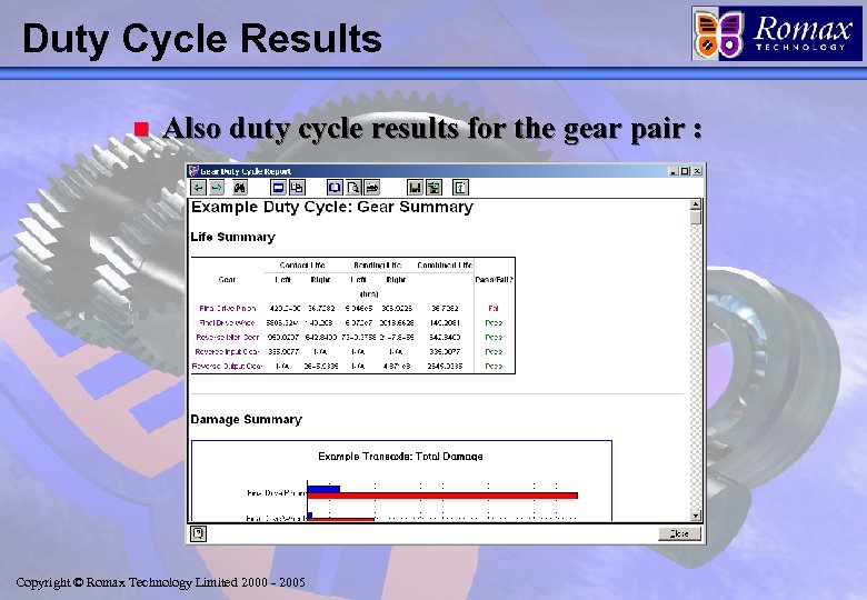 Duty Cycle Results n Also duty cycle results for the gear pair : Copyright