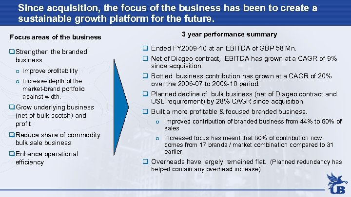 Since acquisition, the focus of the business has been to create a sustainable growth