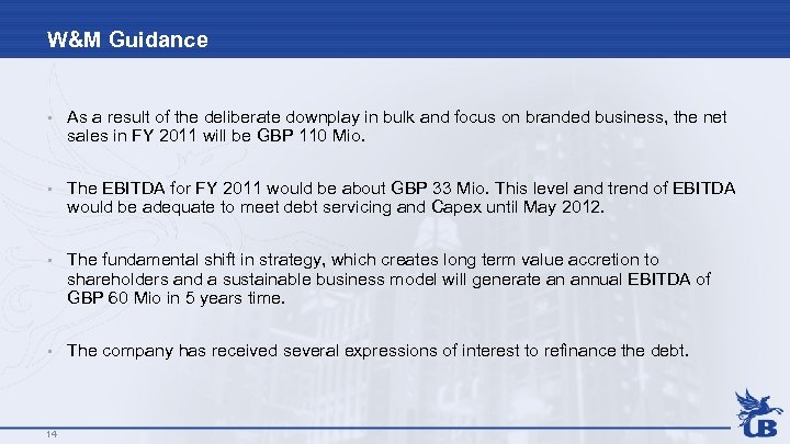 W&M Guidance • As a result of the deliberate downplay in bulk and focus