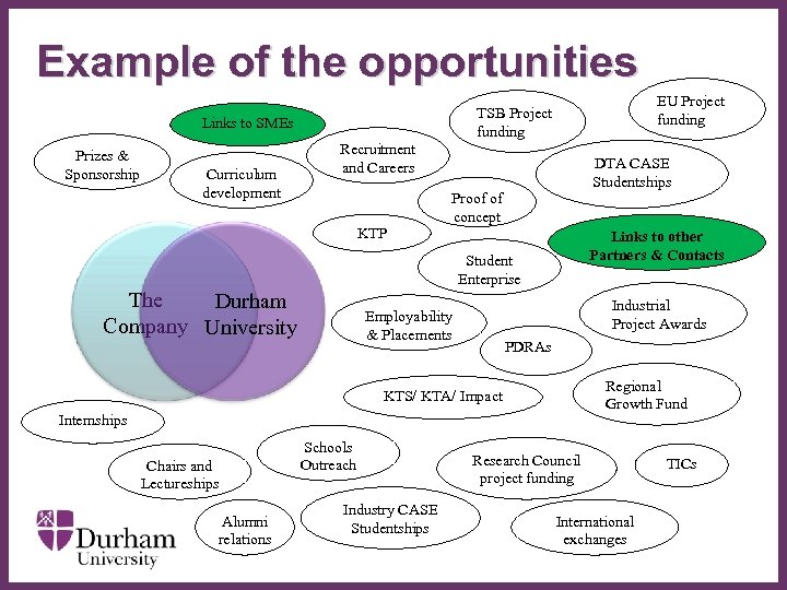 Example of the opportunities Links to SMEs Prizes & Sponsorship Curriculum development EU Project