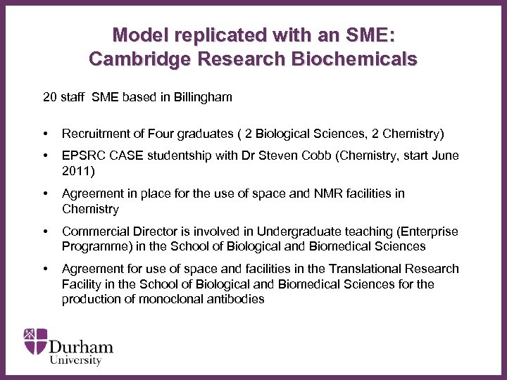 Model replicated with an SME: Cambridge Research Biochemicals 20 staff SME based in Billingham