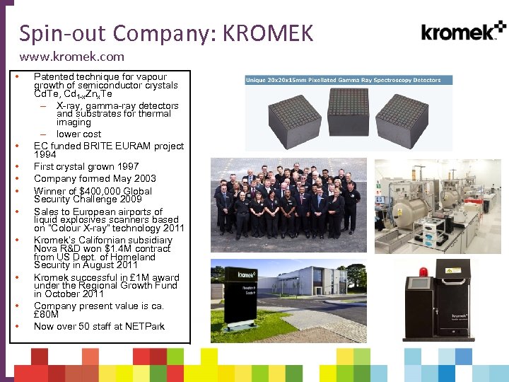 Spin-out Company: KROMEK www. kromek. com • • • Patented technique for vapour growth