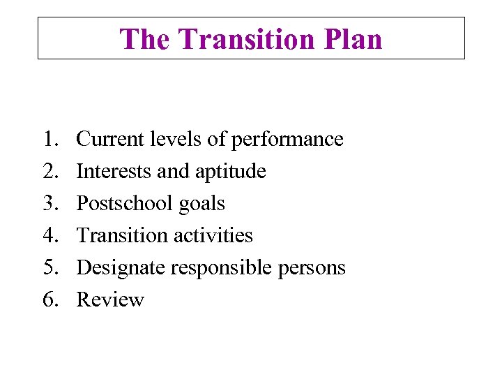 The Transition Plan 1. 2. 3. 4. 5. 6. Current levels of performance Interests