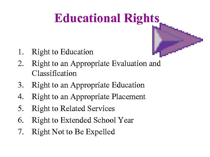 Educational Rights 1. Right to Education 2. Right to an Appropriate Evaluation and Classification