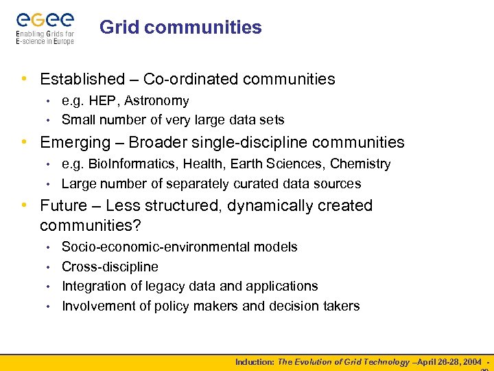 Grid communities • Established – Co-ordinated communities e. g. HEP, Astronomy • Small number