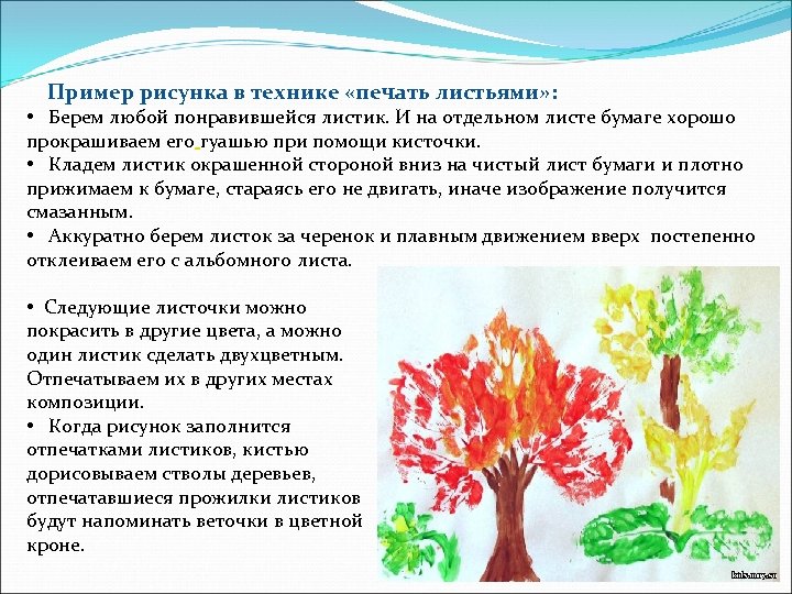  Пример рисунка в технике «печать листьями» : • Берем любой понравившейся листик. И
