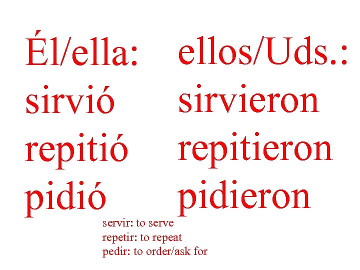 Él/ella: sirvió repitió pidió ellos/Uds. : sirvieron repitieron pidieron servir: to serve repetir: to