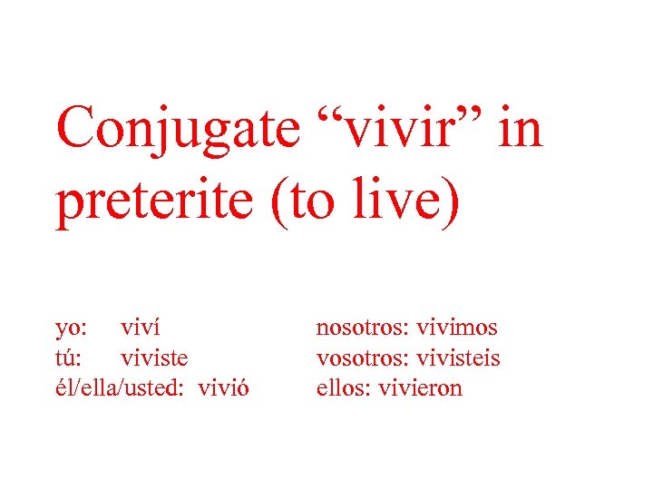 Conjugate “vivir” in preterite (to live) yo: viví tú: viviste él/ella/usted: vivió nosotros: vivimos