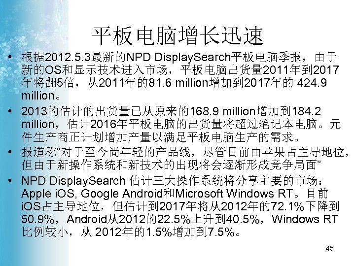 平板电脑增长迅速 • 根据 2012. 5. 3最新的NPD Display. Search平板电脑季报，由于 新的OS和显示技术进入市场，平板电脑出货量 2011年到 2017 年将翻 5倍，从2011年的81. 6
