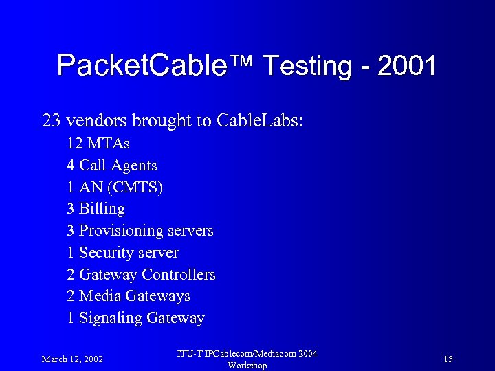 Packet. Cable™ Testing - 2001 23 vendors brought to Cable. Labs: 12 MTAs 4