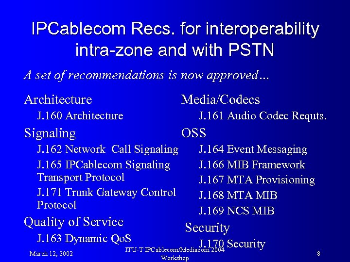IPCablecom Recs. for interoperability intra-zone and with PSTN A set of recommendations is now