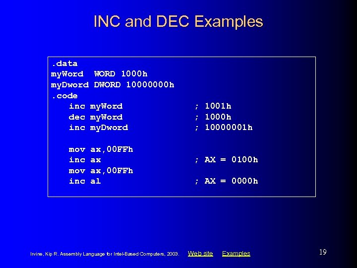 INC and DEC Examples. data my. Word WORD 1000 h my. Dword DWORD 10000000