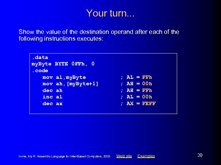 Your turn. . . Show the value of the destination operand after each of