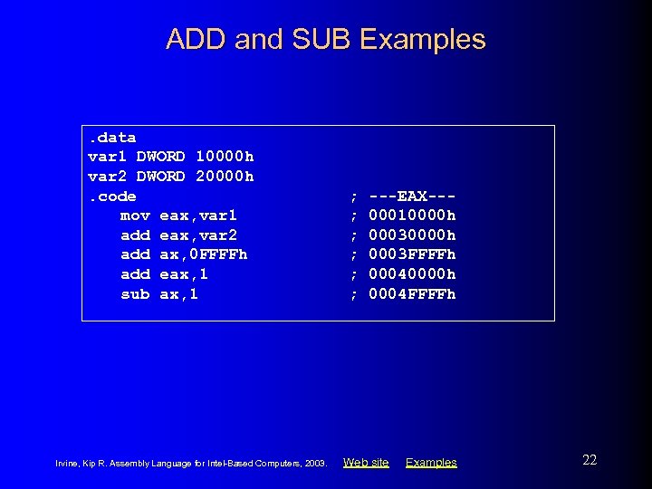 ADD and SUB Examples. data var 1 DWORD 10000 h var 2 DWORD 20000