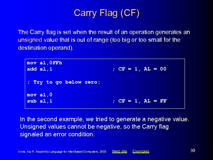 Carry Flag (CF) The Carry flag is set when the result of an operation