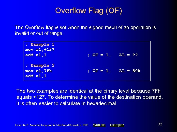 Overflow Flag (OF) The Overflow flag is set when the signed result of an