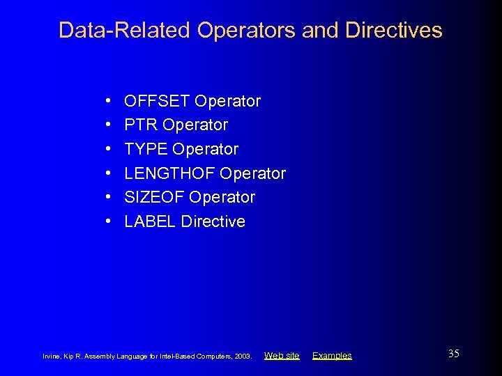 Data-Related Operators and Directives • • • OFFSET Operator PTR Operator TYPE Operator LENGTHOF