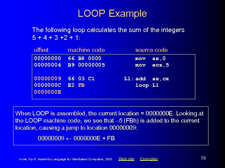 LOOP Example The following loop calculates the sum of the integers 5 + 4