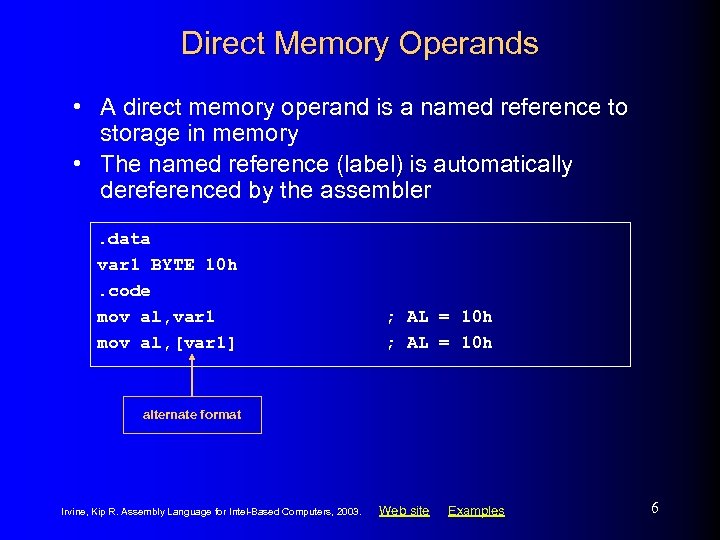 Direct Memory Operands • A direct memory operand is a named reference to storage