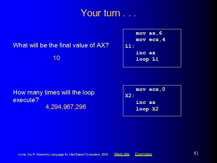 Your turn. . . What will be the final value of AX? mov ax,