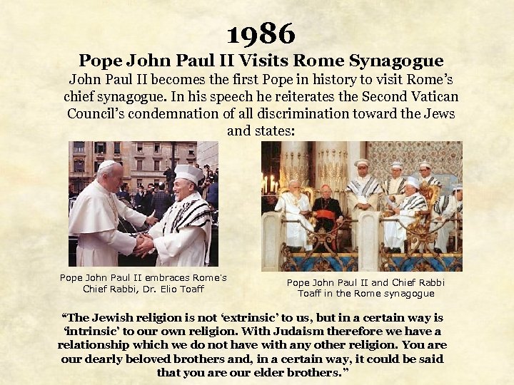 1986 Pope John Paul II Visits Rome Synagogue John Paul II becomes the first