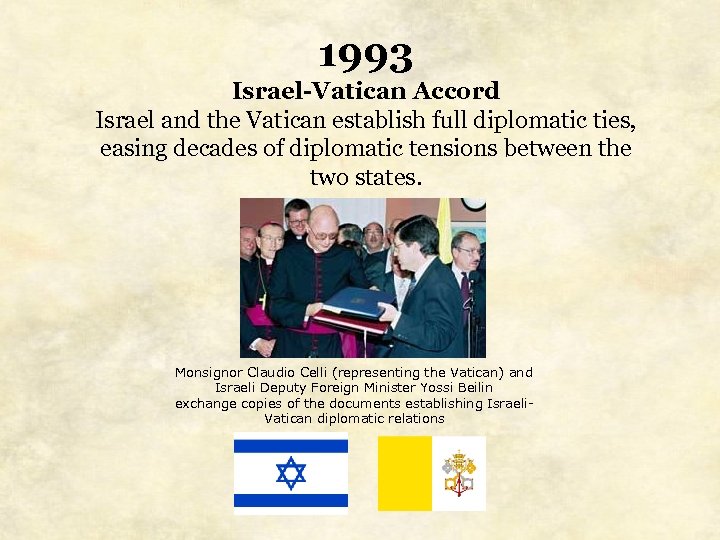 1993 Israel-Vatican Accord Israel and the Vatican establish full diplomatic ties, easing decades of
