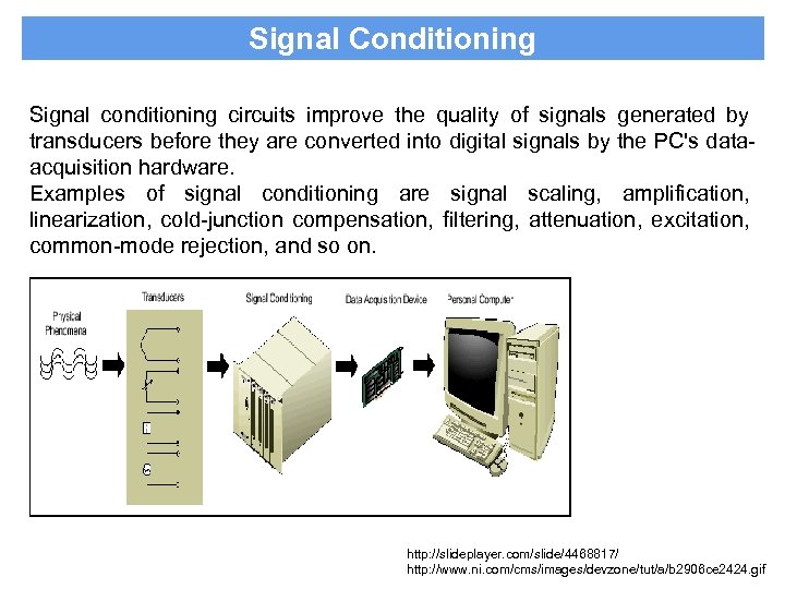 Signal Conditioning Signal conditioning circuits improve the quality of signals generated by transducers before