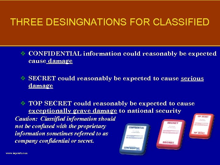 THREE DESINGNATIONS FOR CLASSIFIED v CONFIDENTIAL information could reasonably be expected cause damage v