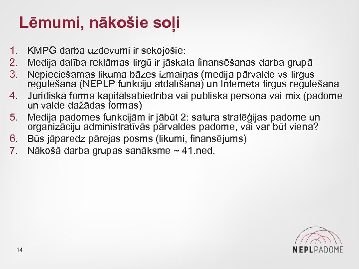 Lēmumi, nākošie soļi 1. KMPG darba uzdevumi ir sekojošie: 2. Medija dalība reklāmas tirgū